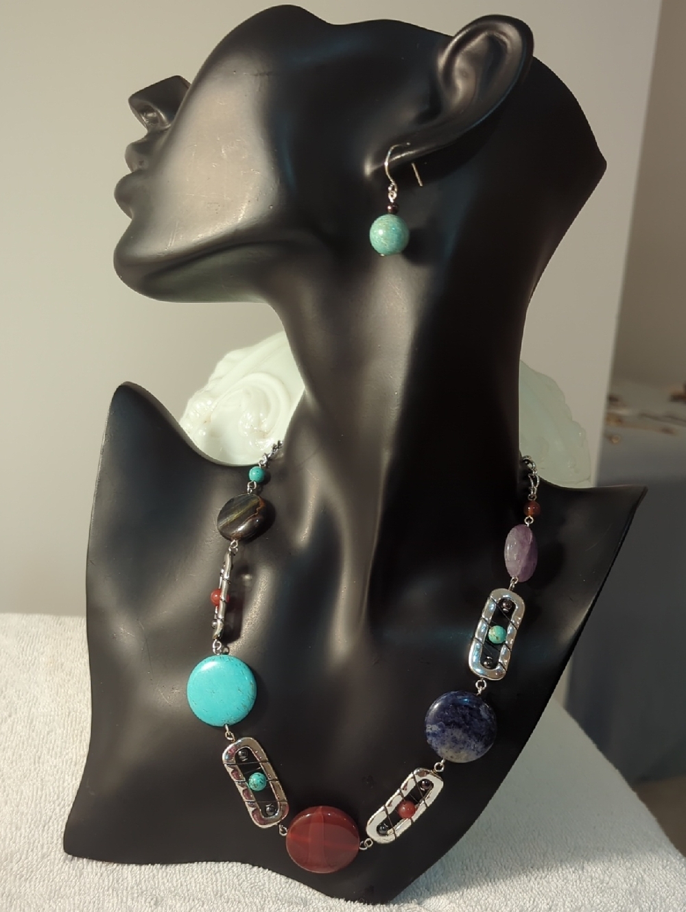 Southwestern MultiGemstone Silver Statement Necklace/Earring Set Boho Artsy